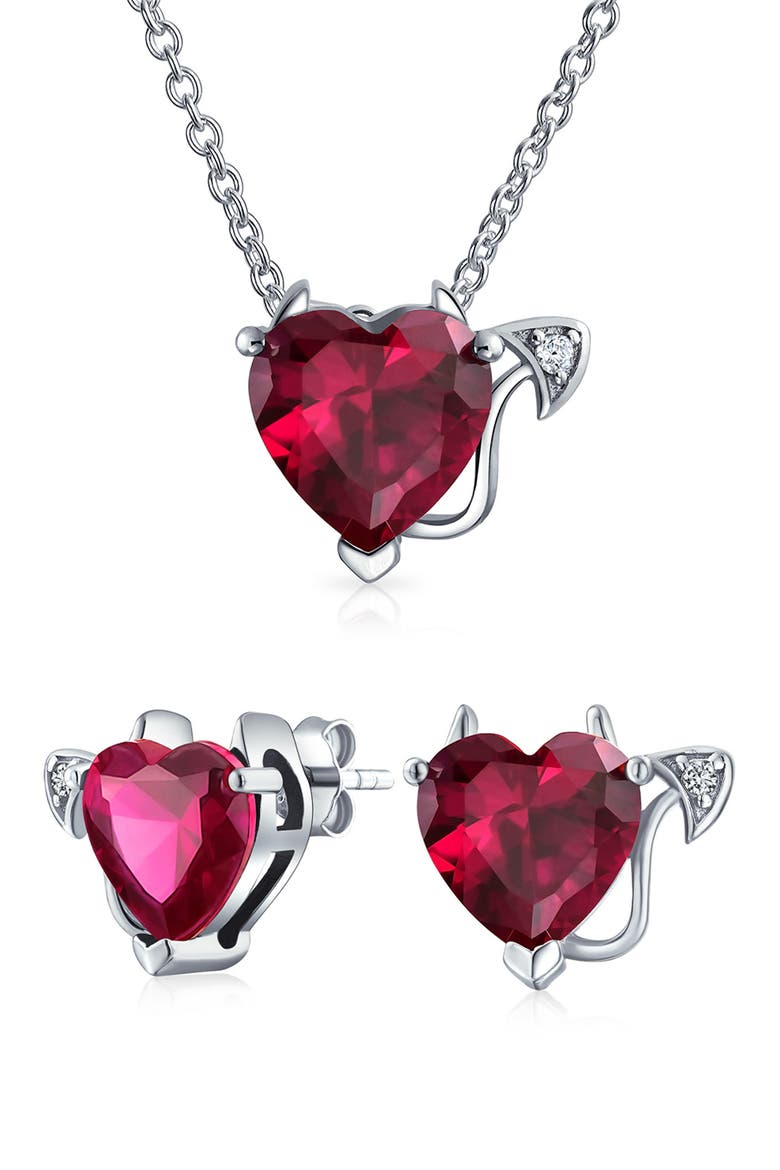 Sterling Silver Red CZ Devil Heart Pendant Necklace & Stud Earrings Set, Main, color, RED