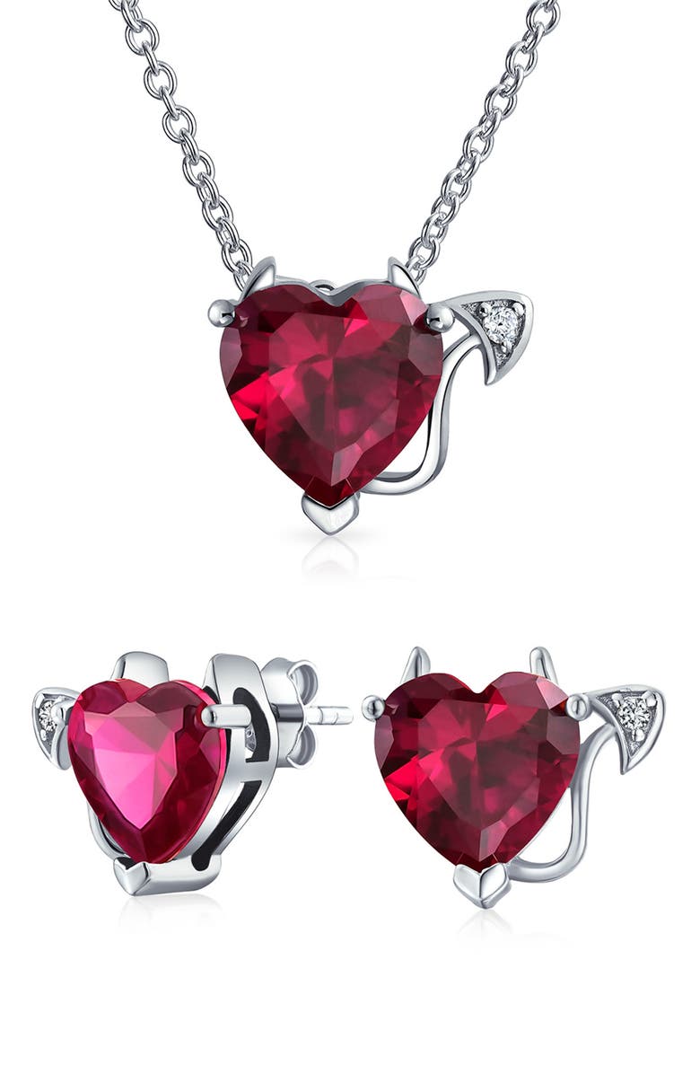 BLING JEWELRY Sterling Silver Red CZ Devil Heart Pendant Necklace & Stud Earrings Set, Main, color, Red