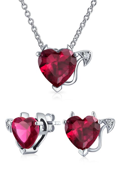 Sterling Silver Red CZ Devil Heart Pendant Necklace & Stud Earrings Set