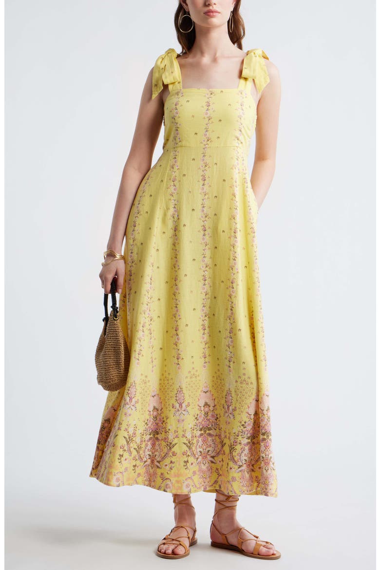 Floral Linen Blend Maxi Sundress, Main, color, YELLOW- PURPLE BLOSSOM BORDER