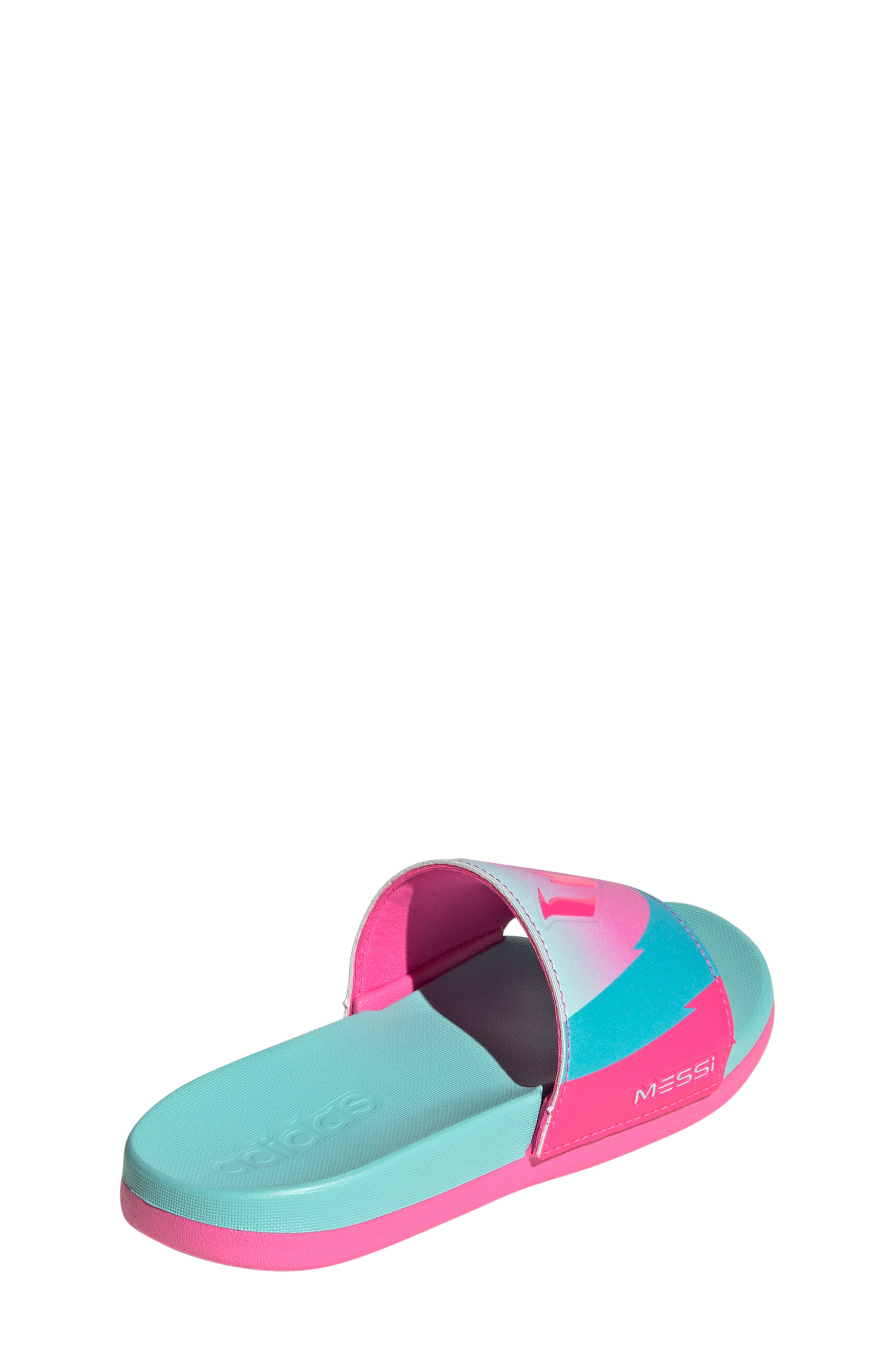 adidas x Lionel Messi Kids' Adilette Comfort Messi Slide Sandal, Alternate, color, Aqua/ Pink/ Cyan