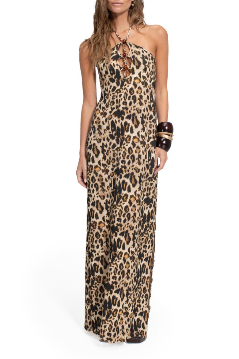 Elise Print Keyhole Halter Cover-Up Maxi Dress, Main, color, LEOPARD