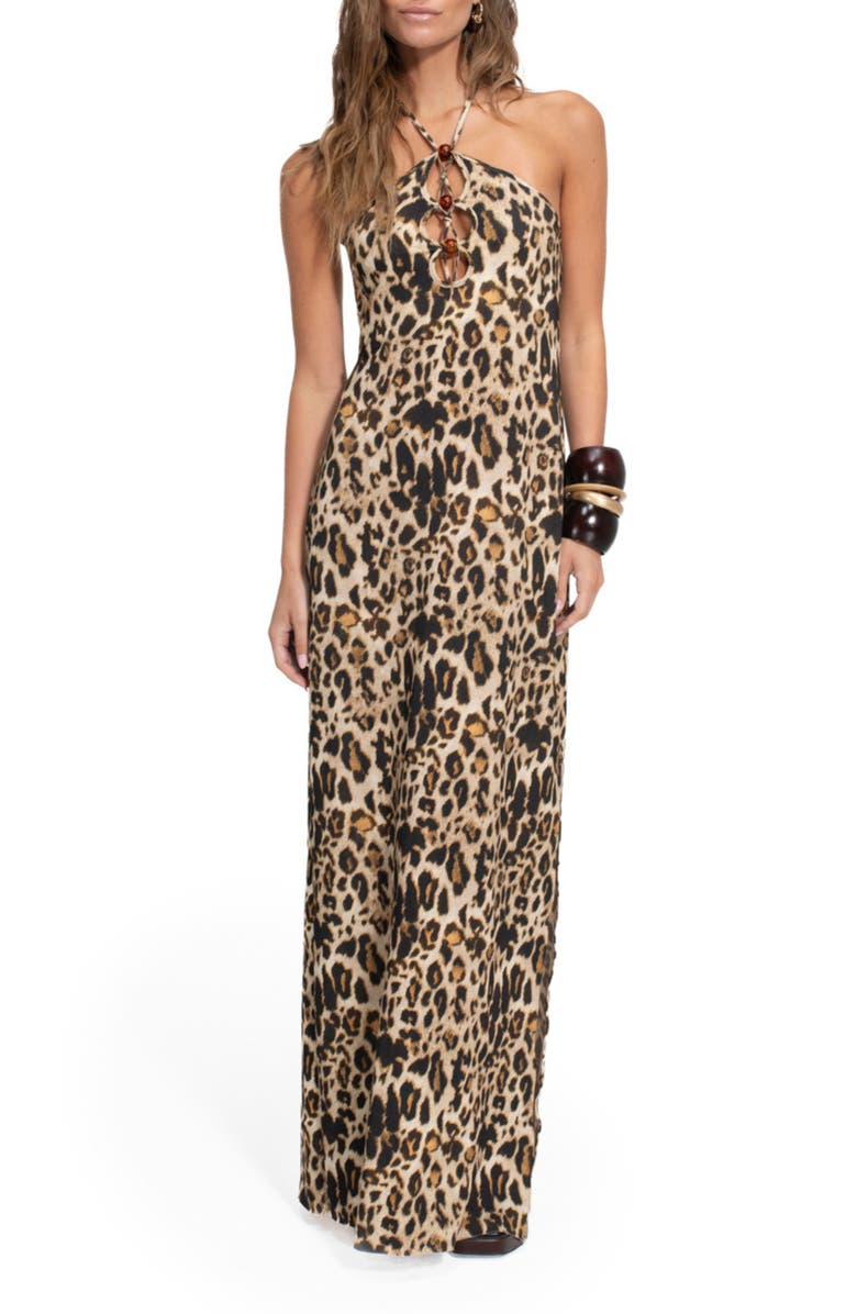 Agua Bendita Elise Print Keyhole Halter Cover-Up Maxi Dress, Main, color, Leopard