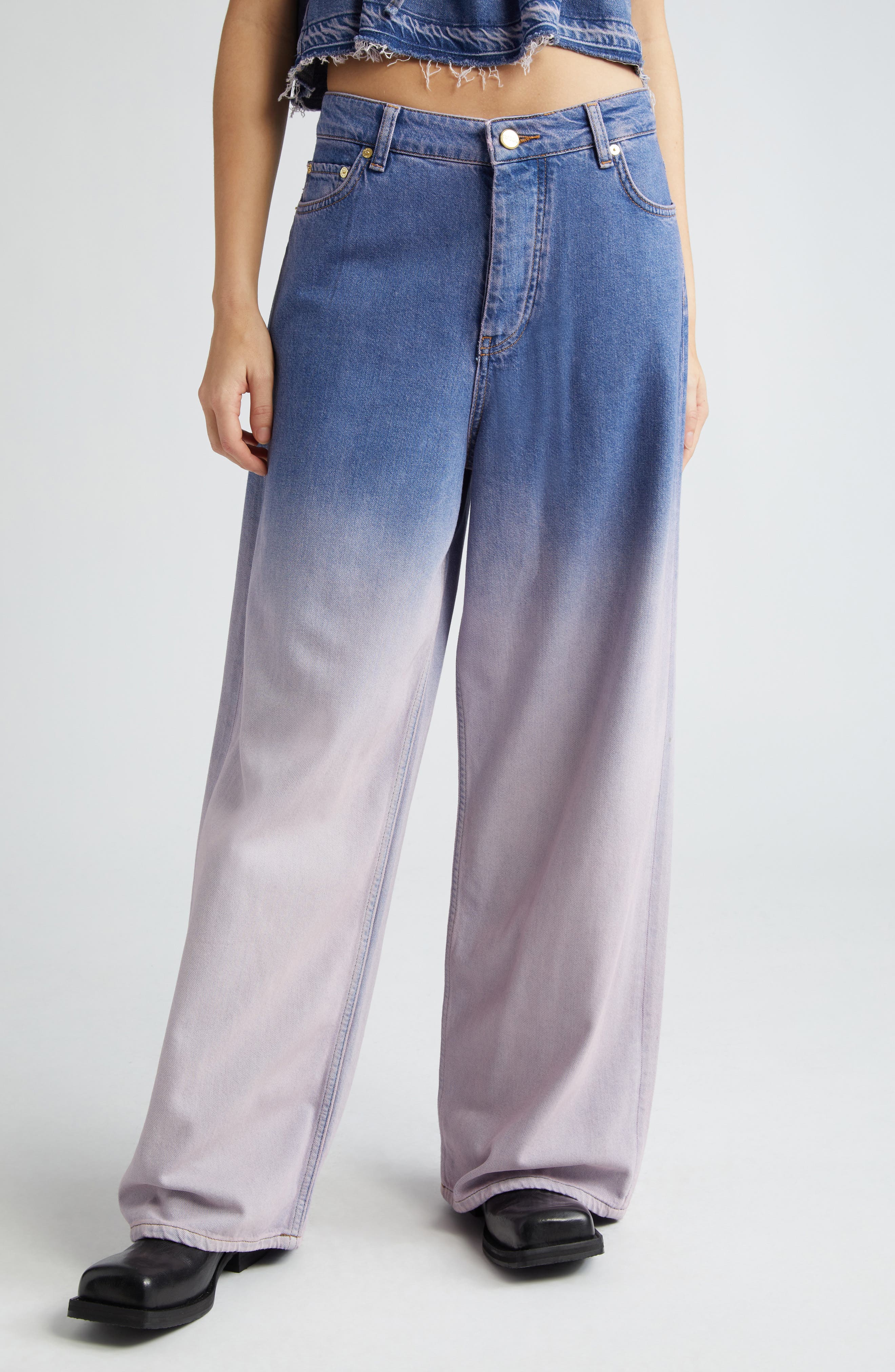 Ganni Future Denim Colorblock Ombré Wide Leg Jeans