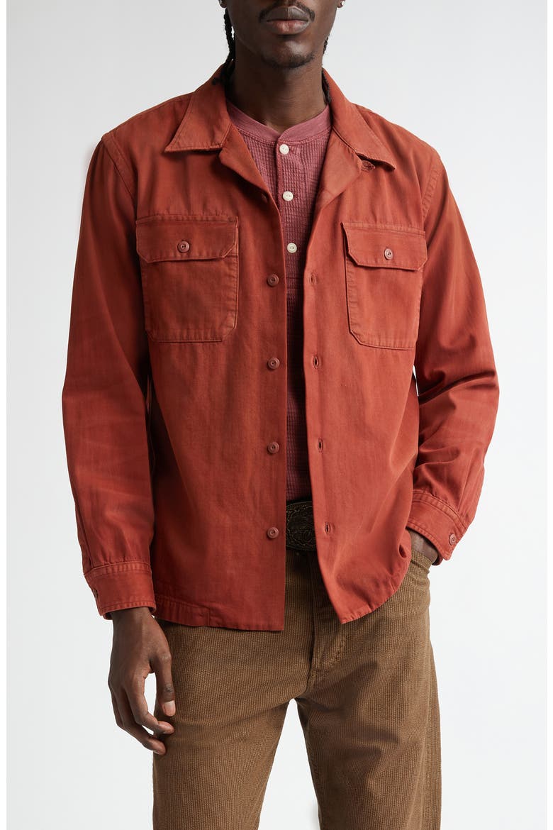 Garment Dye Long Sleeve Cotton Twill Camp Shirt, Main, color, BRICK
