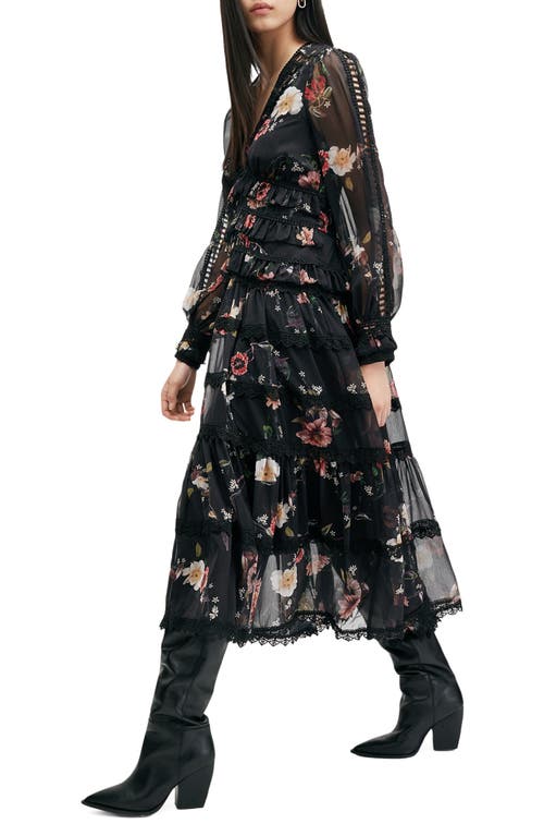 Allsaints Zora Floral Ruffle Midi Dress In Unity Black