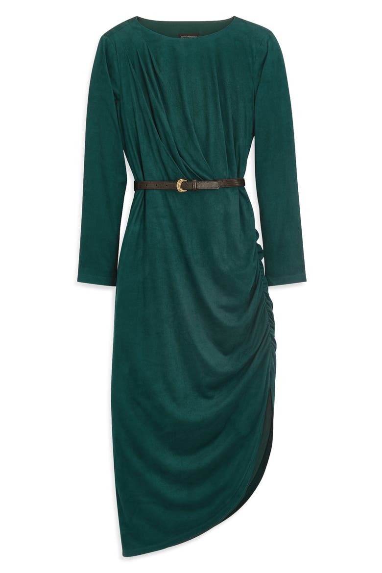 Belted Long Sleeve Asymmetric Faux Suede Dress, Alternate, color, SPRUCE