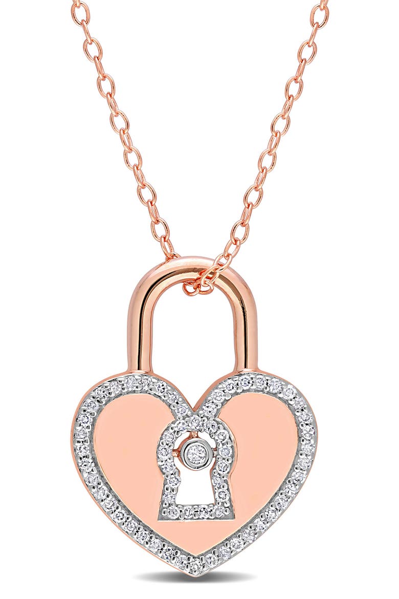 Sterling Silver Diamond Heart Lock Pendant - 0.19 ctw, Main, color, ROSE