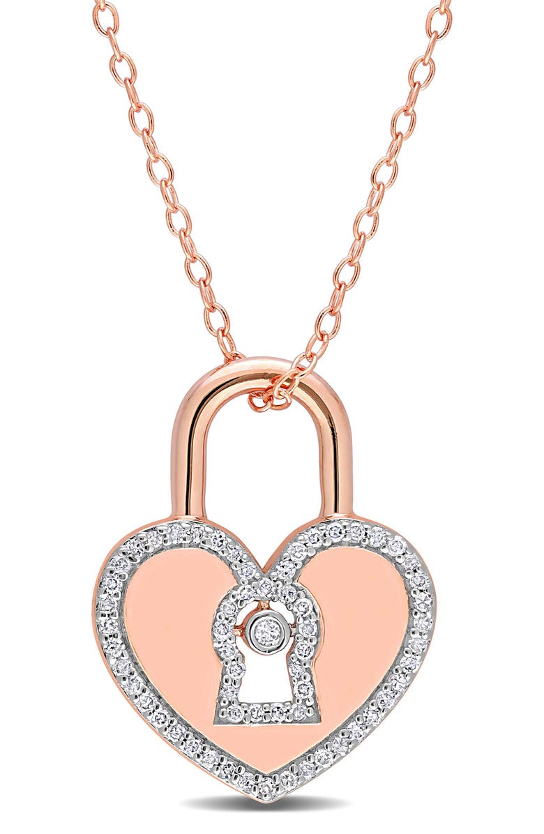 DELMAR Sterling Silver Diamond Heart Lock Pendant - 0.19 ctw, Main, color, Rose