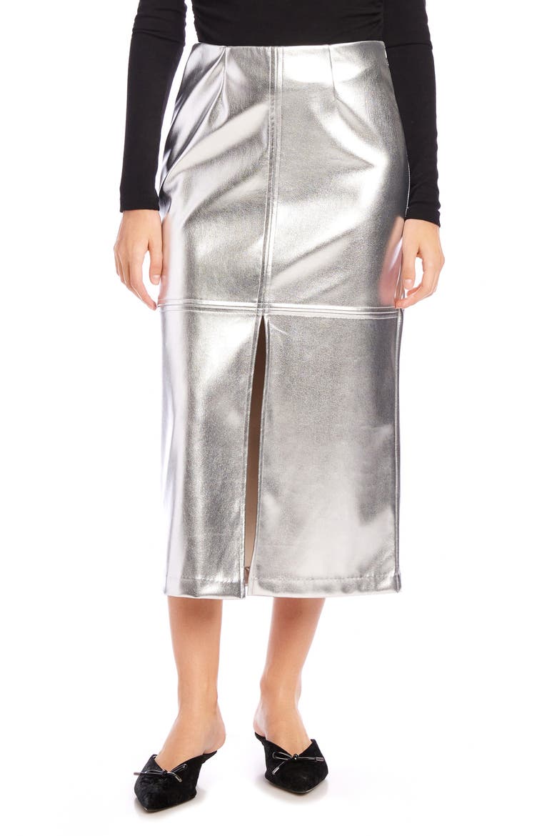 Kaia Metallic Faux Leather Midi Skirt, Main, color, METALLIC SILVER