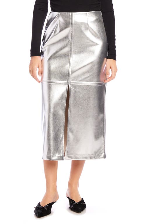 Fifteen Twenty Kaia Faux Leather Front Slit Midi Skirt In Silver In Metallic Silver