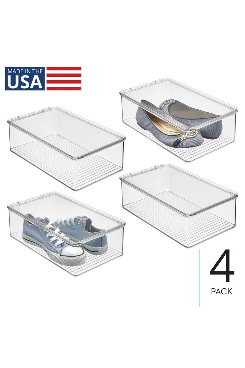 Stackable Plastic Shoe Box with Hinged-Lid for Sneakers, Sandals, and Flats, Set of 4, Clear, Alternate, color, Clear