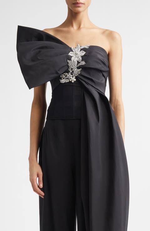 Crystal Embroidered Bow Faille Bustier Top