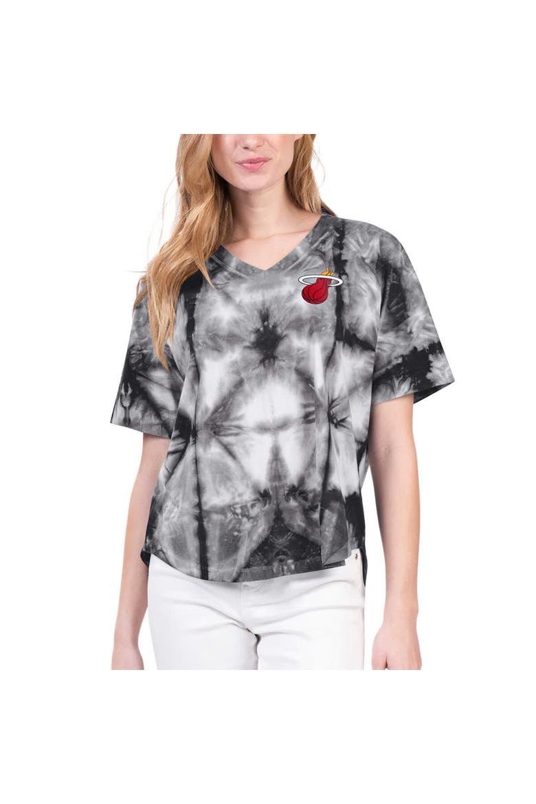 Women's G-III 4Her by Carl Banks Black Miami Heat Tournament Raglan Oversized Tie-Dye V-Neck T-Shirt, Main, color, Black