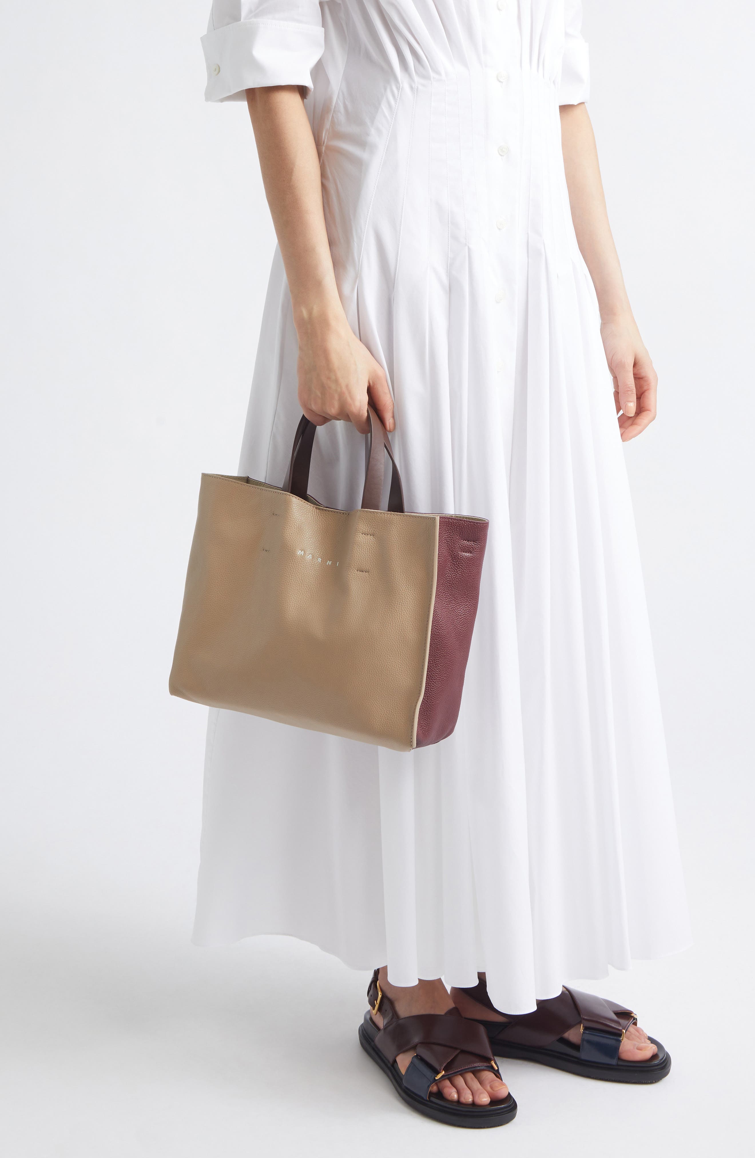 Marni Museo Soft Colorblock Leather East/West Tote, Alternate, color, Moon/ Burgundy/ Coffee