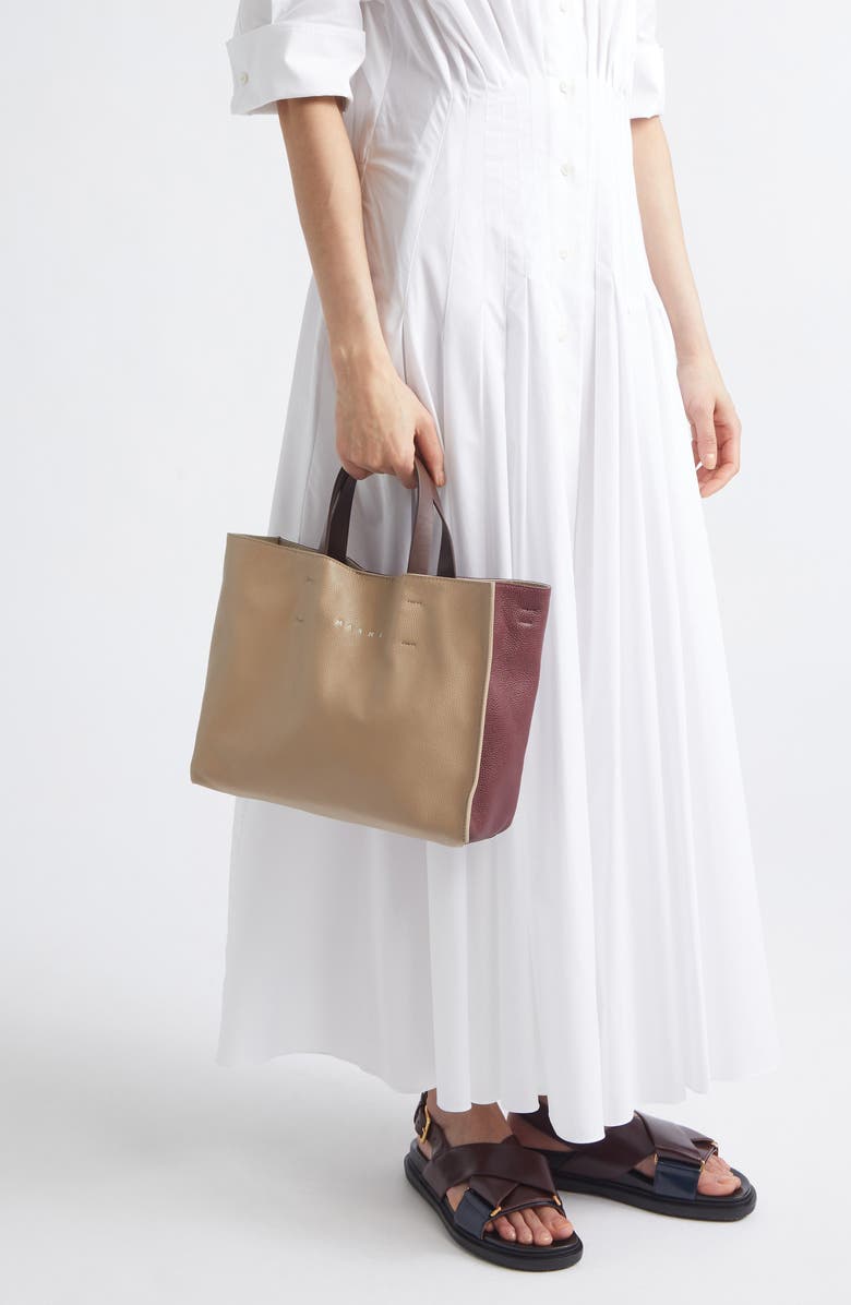 Marni Museo Soft Colorblock Leather East/West Tote, Alternate, color, Moon/ Burgundy/ Coffee