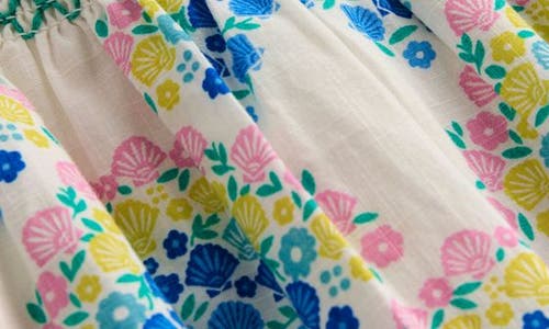 Mini Boden Kids' Shell Print Smocked Yoke Cotton Dress In Soft Ivory Rainbow Shells