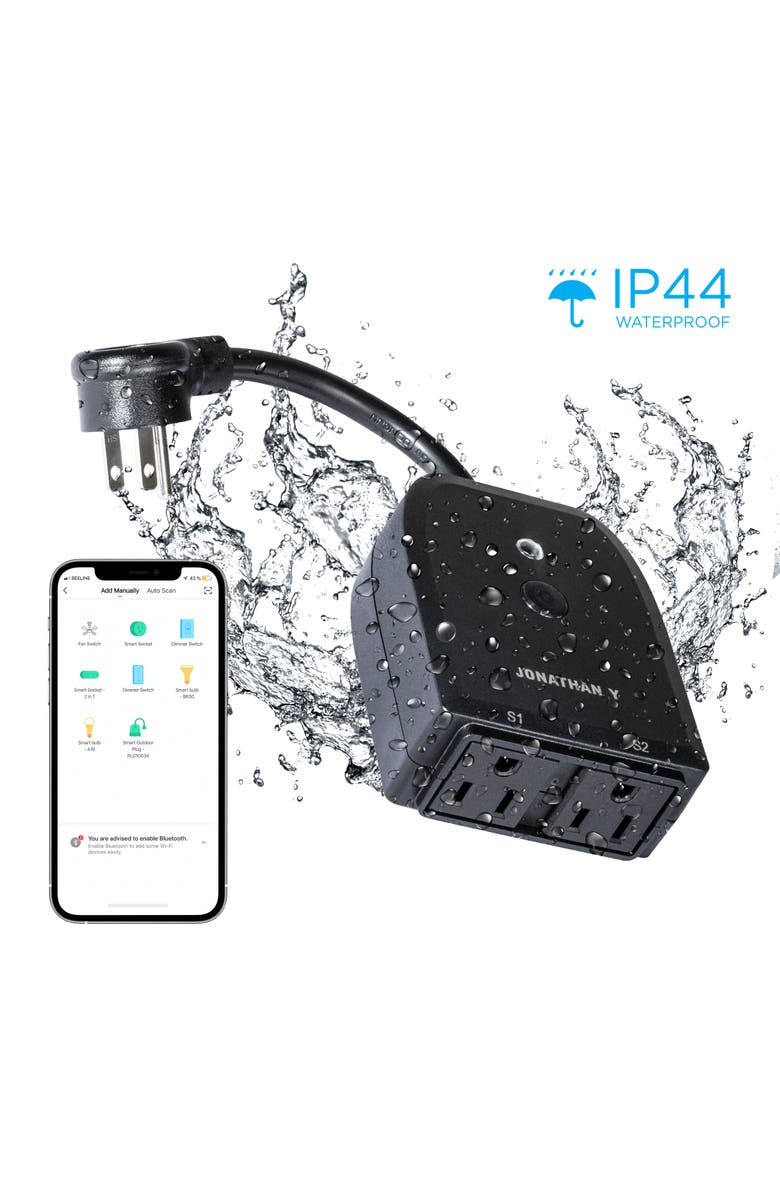 JONATHAN Y Outdoor Smart Dual Plug - WiFi Remote App Control for Outdoor Lights & Holiday Decor; Compatible with Alexa and Google Home Assistant, No Hub Required, Alternate, color, Black