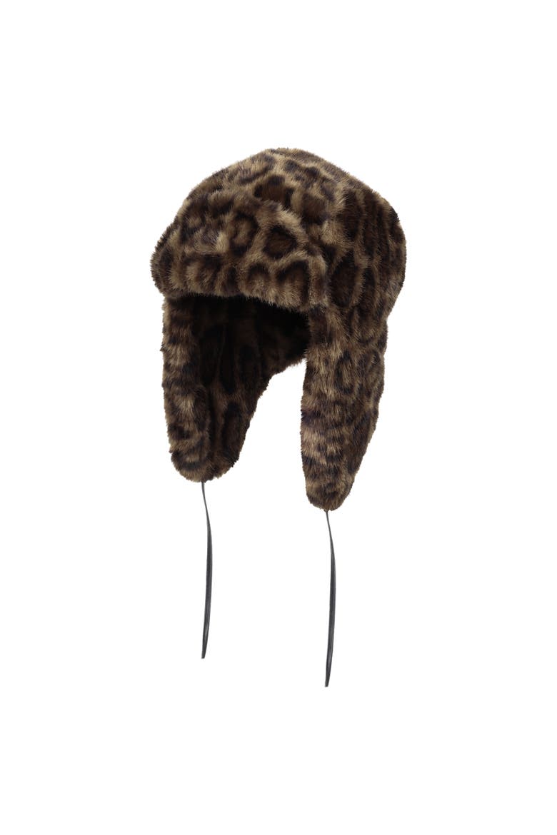 Faux Fur Trapper Hat with Polyurethane Ties, Alternate, color, Leopard