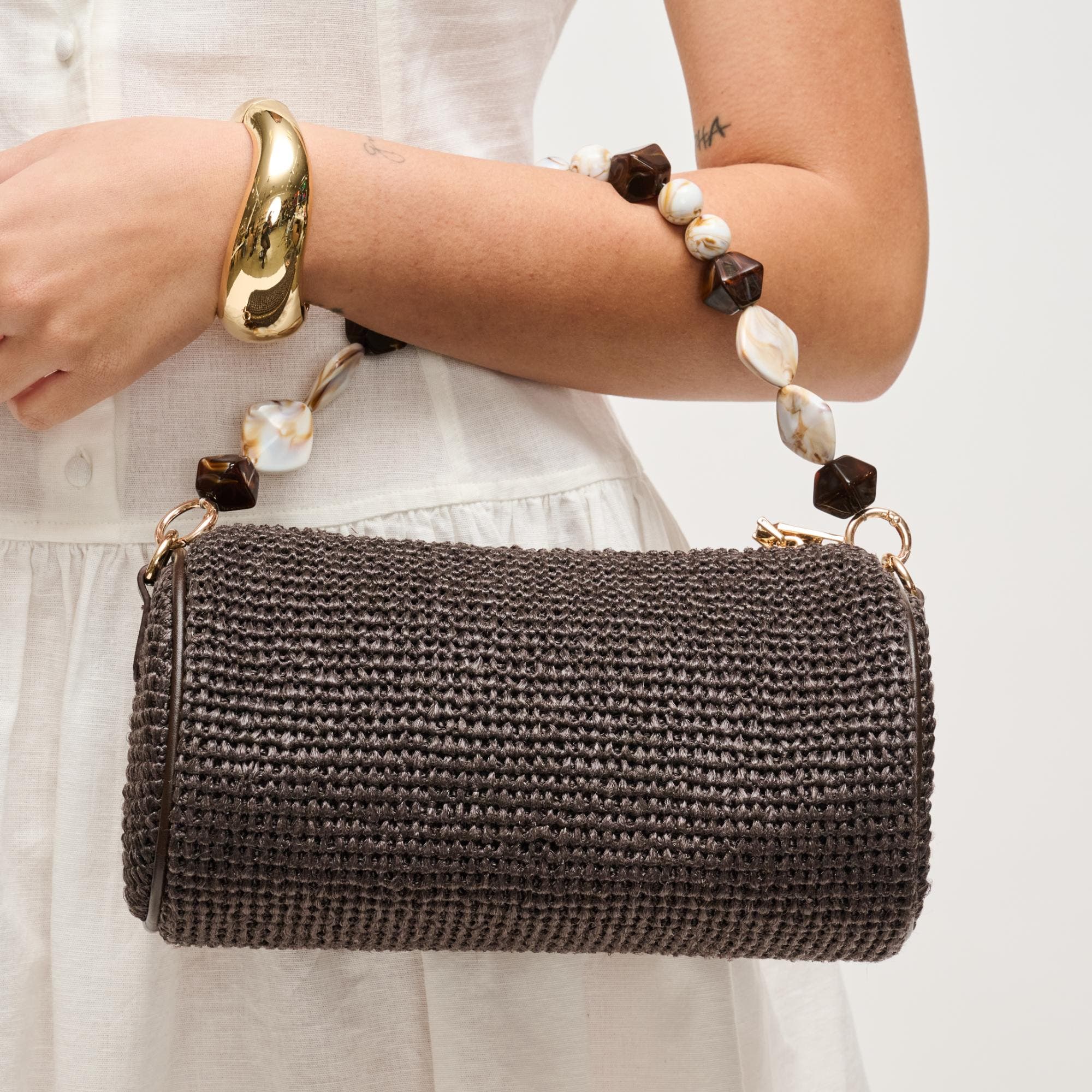 URBAN EXPRESSIONS HANDBAGS Rachel - Straw Clutch, Alternate, color, Chocolate