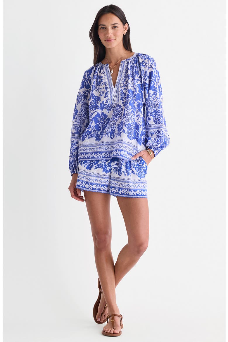 Print Split Neck Popover Top, Alternate, color, PARADISE PRINT WHITE