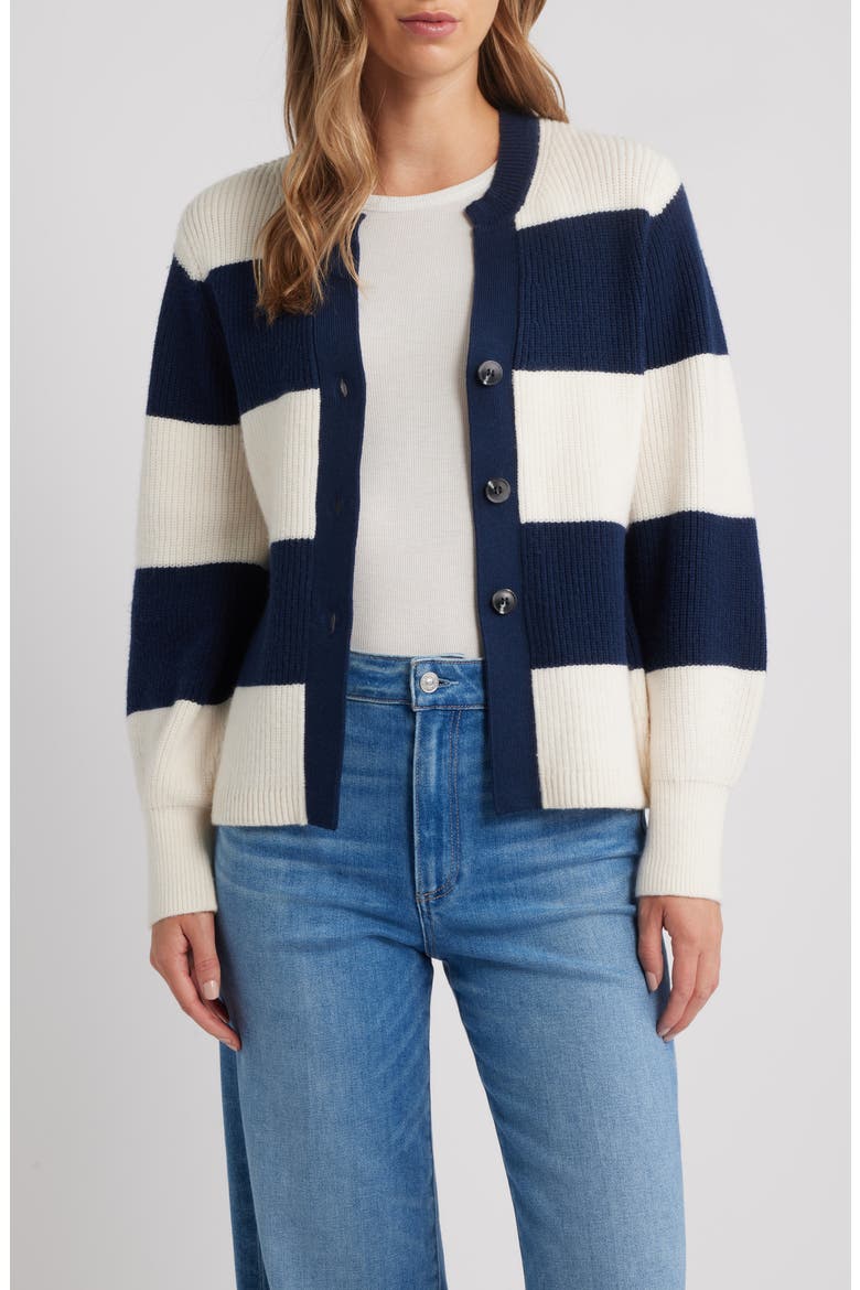 Lottie Rugby Stripe Cardigan, Main, color, DARK BLUE MULTI
