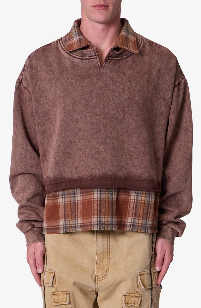 mnml Plaid Flannel Layered Look Crewneck Sweatshirt, Main, color, Brown