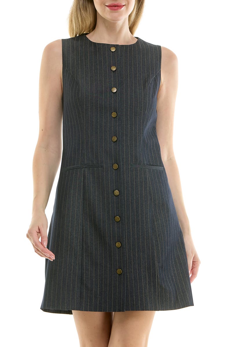 Nicole Miller Pinstripe Sleeveless Shift Dress, Alternate, color, Vintage Blue / Khaki