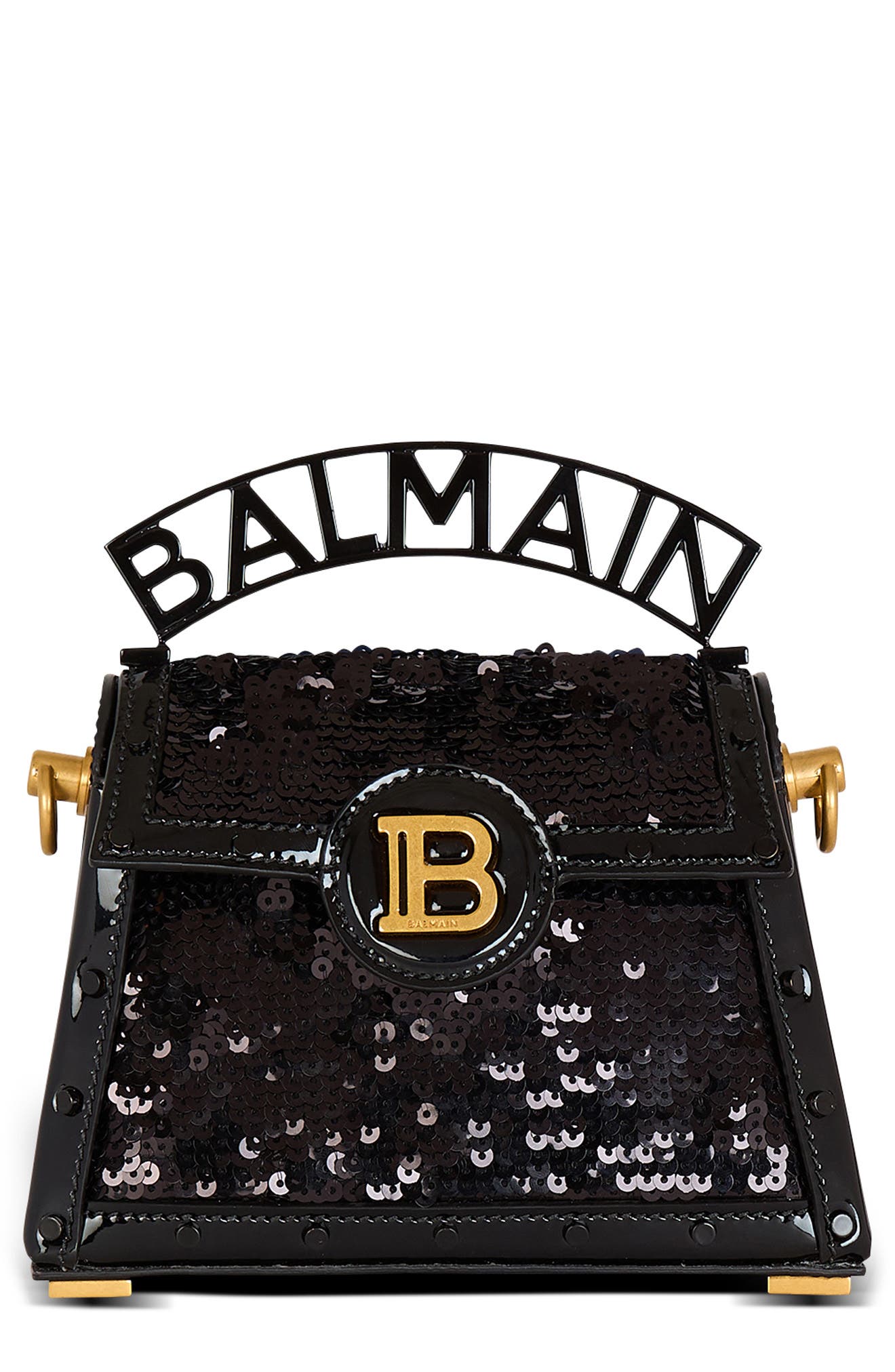 Balmain Small B-Buzz Dynasty Sequin 
Leather Top Handle Bag, Main, color, 