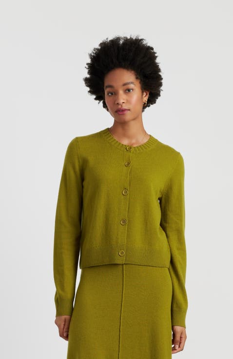 Wool Cashmere Blend Crew Neck Cropped Cardigan