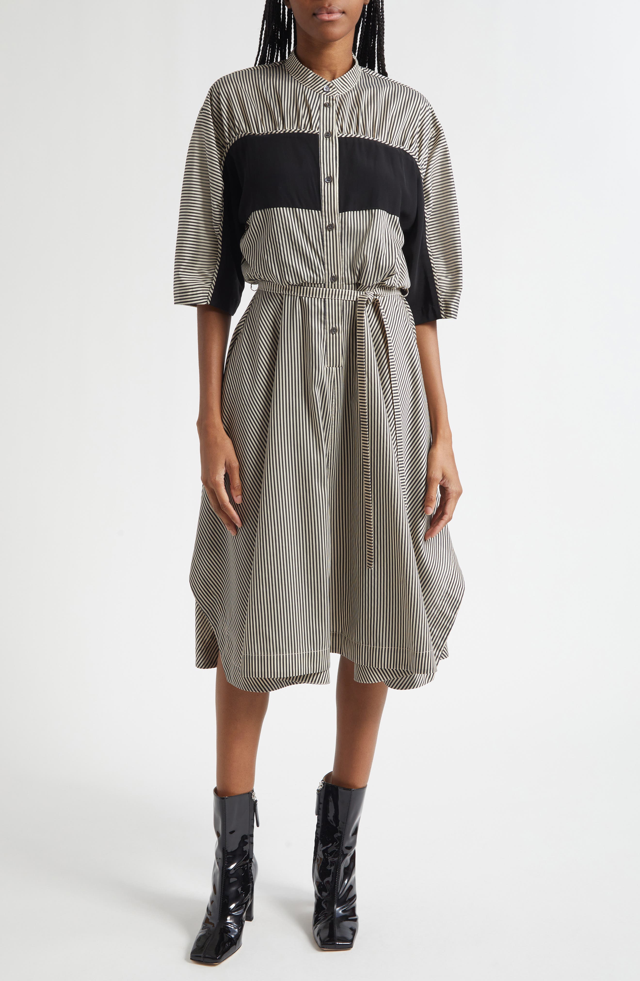 Mixed Media Tie Waist Midi Dress