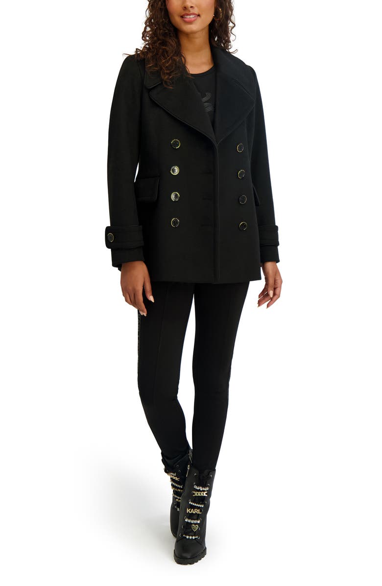 KARL LAGERFELD PARIS Piped Double Breasted Coat, Alternate, color, Black