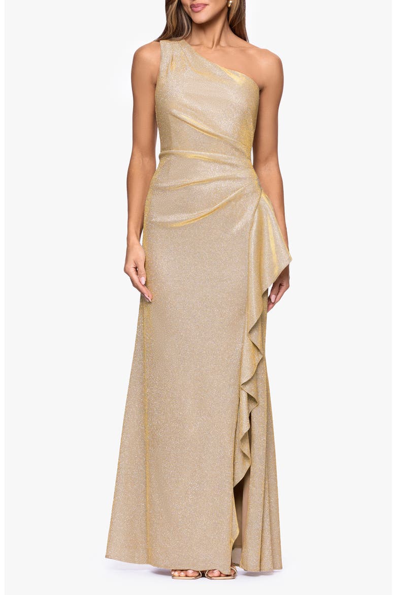 Glitter Galaxy Ruffle One-Shoulder Gown, Main, color, GOLD/ SILVER