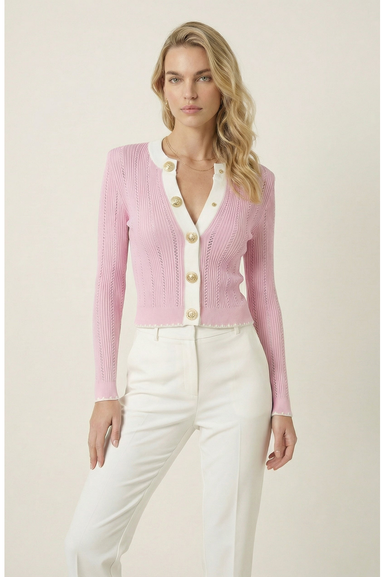Ribbed Knit Contrast Trim Cardigan, Main, color, Light Pink