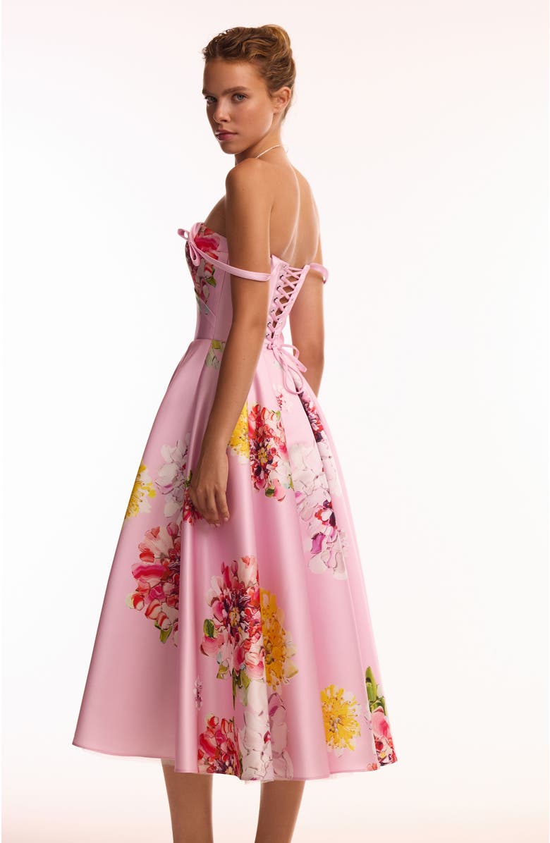 Milla Fit-and-Flare Satin Floral Midi Dress for Cocktail Events, Alternate, color, Pink Floral