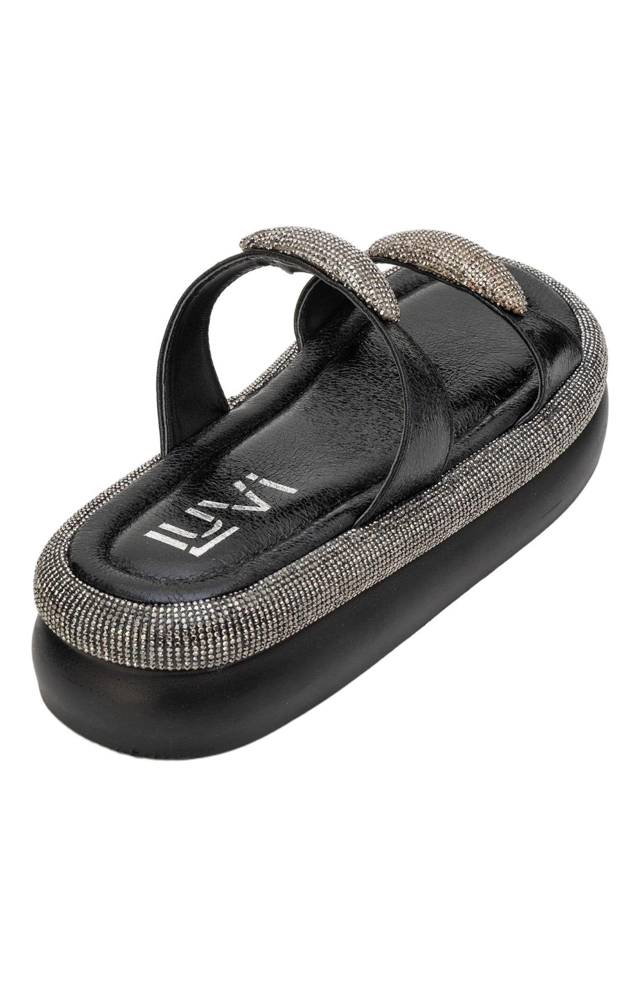 Prologue Shoes Finery Embellished Platform Slide, Alternate, color, Black Faux Leather