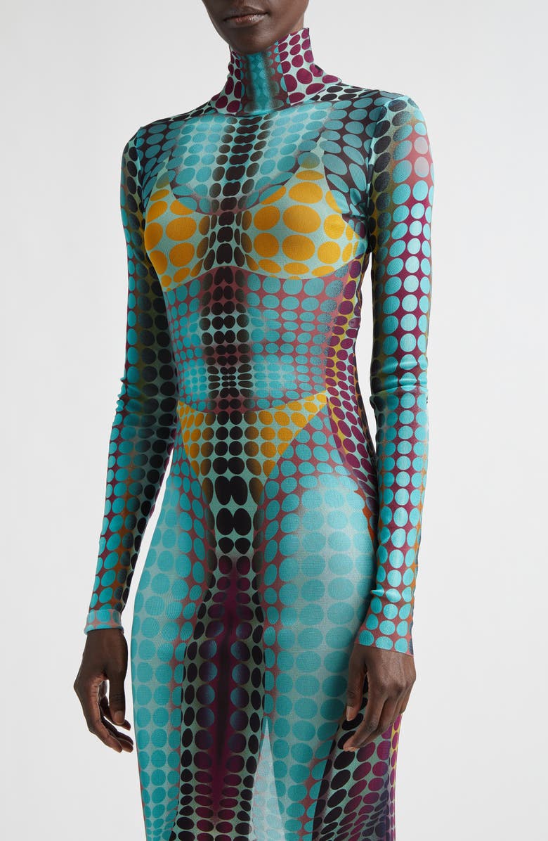 Jean Paul Gaultier Re-Edition Polka Dot Trompe l'Oeil Long Sleeve Mesh Dress, Alternate, color, Blue/ Purple/ Yellow
