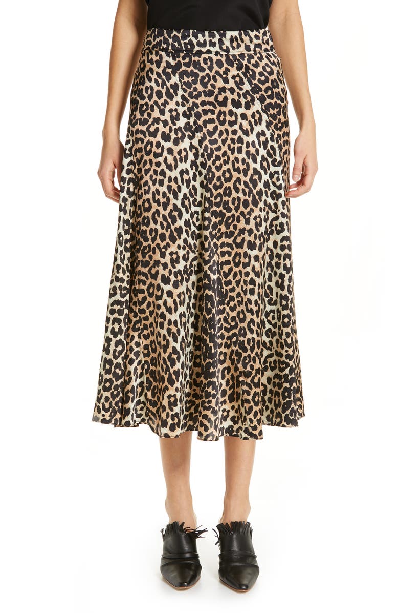 Ganni Leopard Print Stretch Silk Satin Midi Skirt, Main, color,