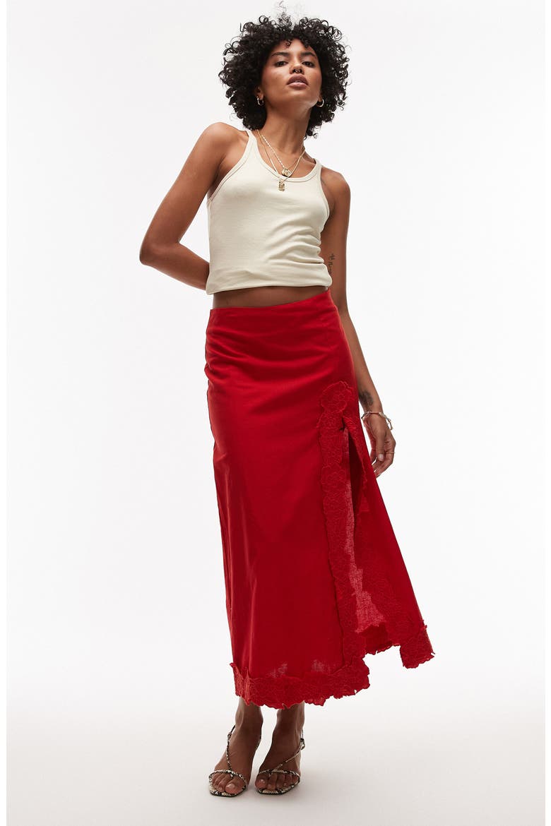 Floral Embroidered Cotton Midi Skirt, Alternate, color, RED