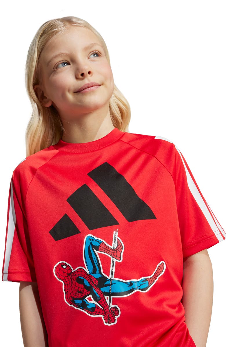 adidas Originals Kids' x Marvel Spider-Man Recycled Polyester T-Shirt, Alternate, color, Purrub/Whi