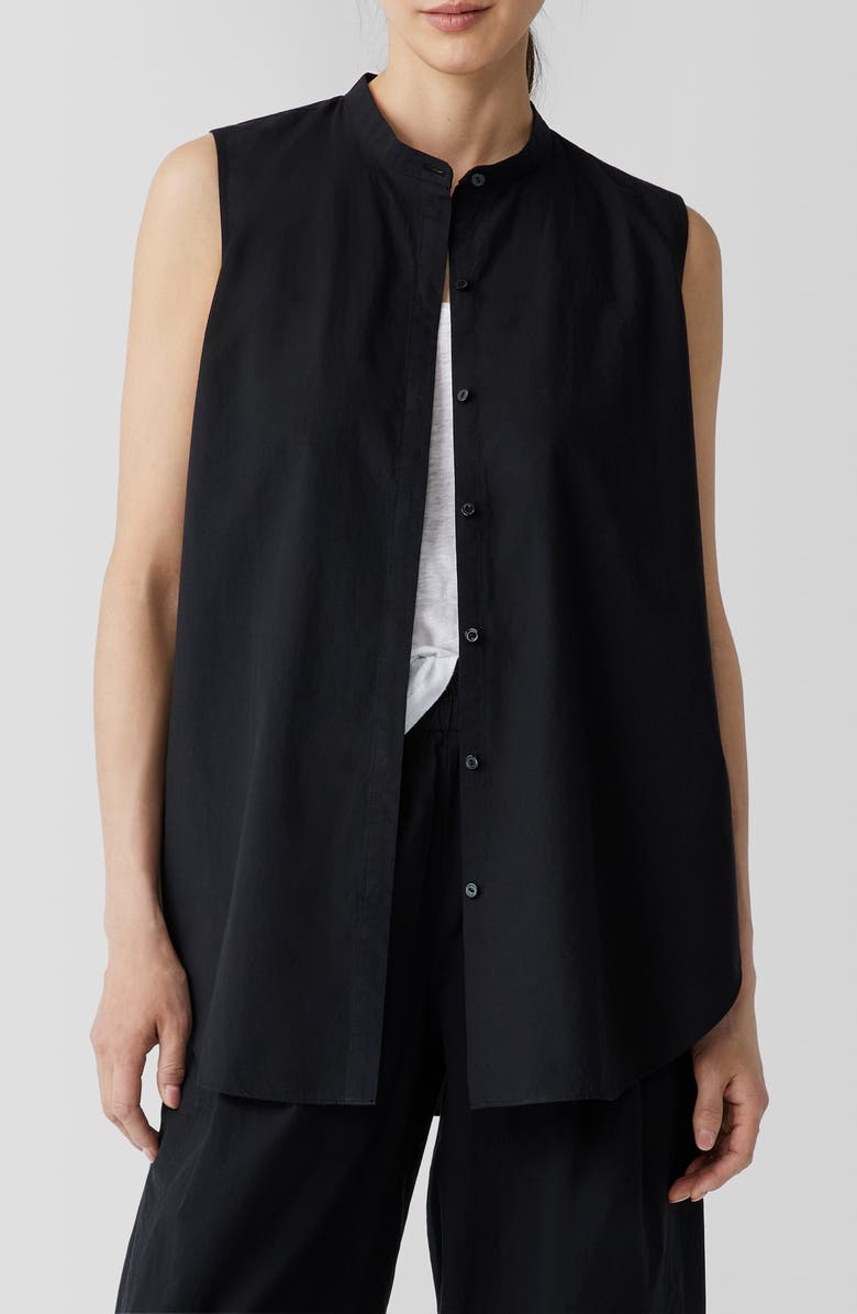 Eileen Fisher Sleeveless Organic Cotton Band Collar Shirt, Main, color, Black
