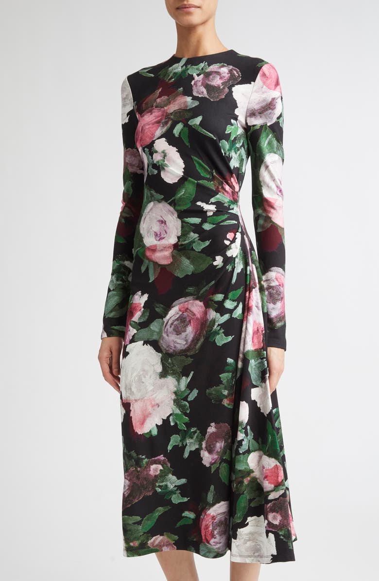 Erdem Painted Rose Draped Long Sleeve Jersey Midi Dress, Alternate, color, Painted Rose Black