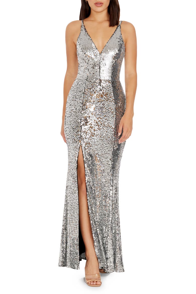 Iris Sequin Gown, Main, color, SILVER