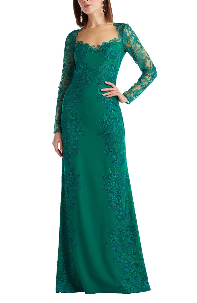 Tadashi Shoji Embroidered Lace Long Sleeve Crepe Gown, Alternate, color, Emerald