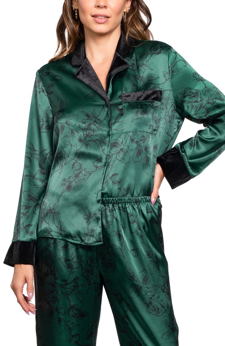 In Bloom by Jonquil Velvet Trim Floral Print Satin Pajamas, Alternate, color, Pine