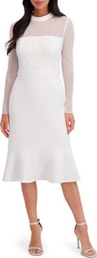 London Times Long Sleeve Faux Pearl Illusion Midi Dress