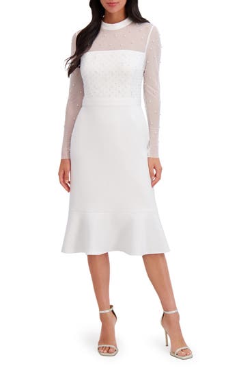 London Times Embellished Illusion Long Sleeve Midi Dress In White