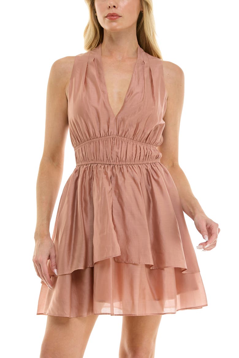 V-Neck Tiered Peplum Minidress, Alternate, color, MACAROON