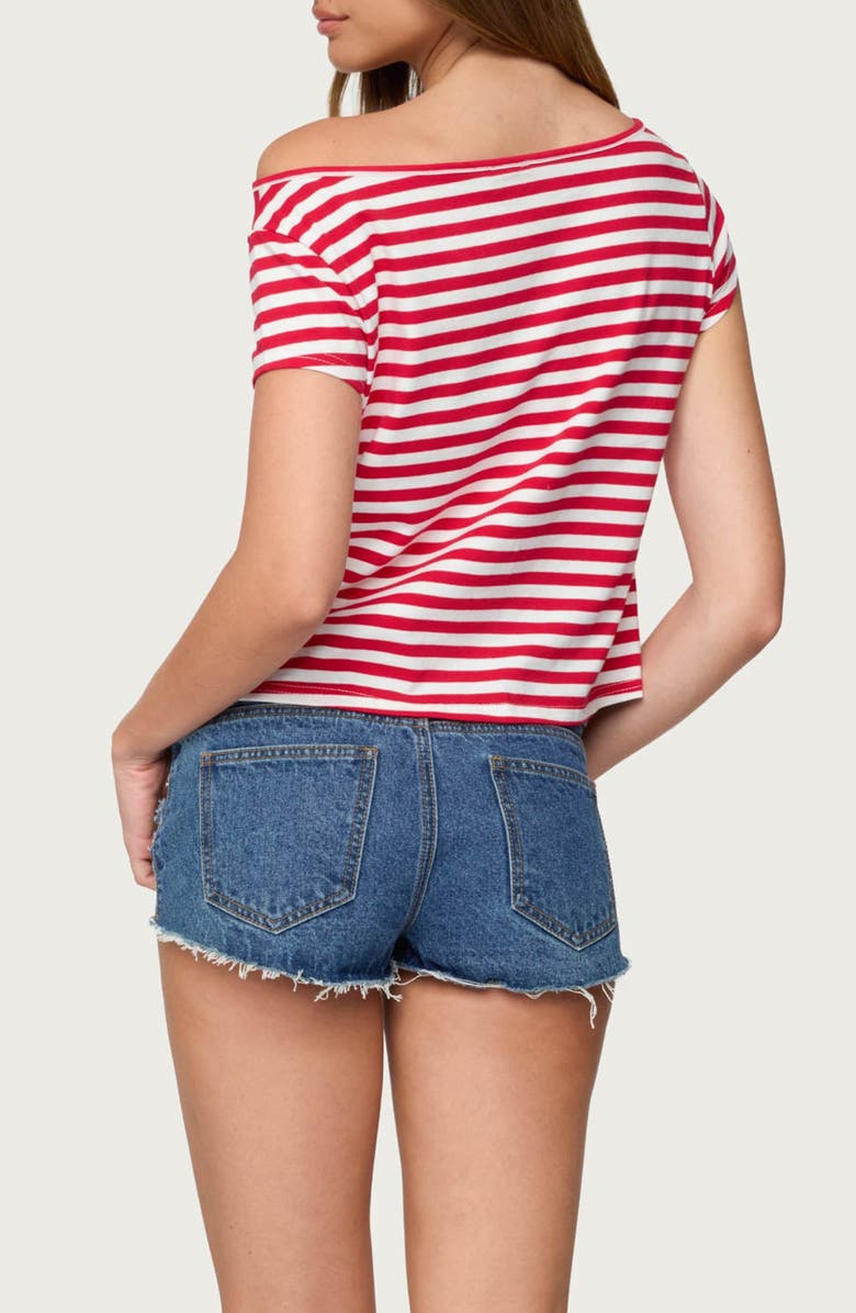 EDIKTED Aretha Stripe Off the Shoulder Stretch Cotton Top, Alternate, color, Red