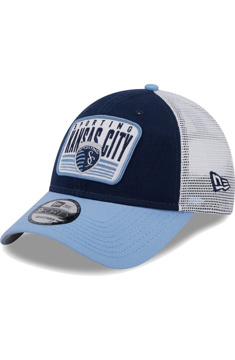 New Era Men's New Era Navy/Light Blue Sporting Kansas City Patch 9FORTY Trucker Snapback Hat, Main, color, 